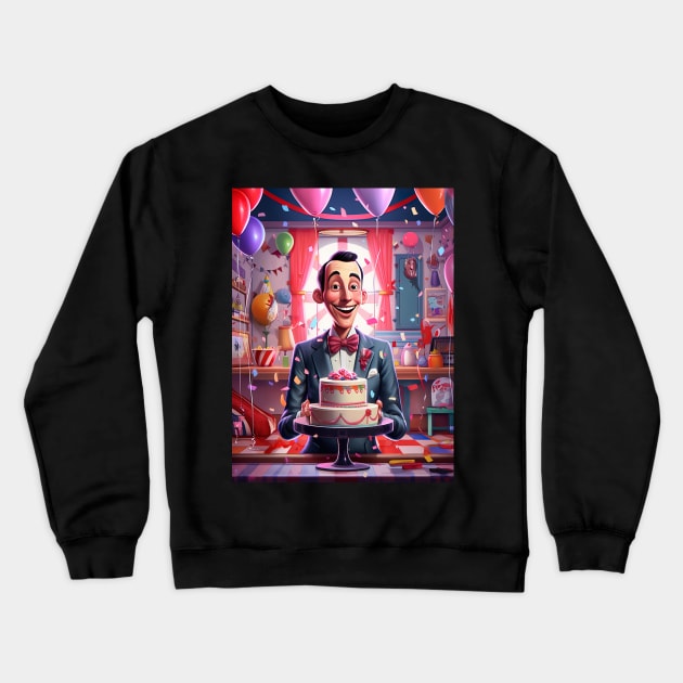 pee wee herman celebrating, Paul Reubens, cake, balloons Crewneck Sweatshirt by Maverick Media